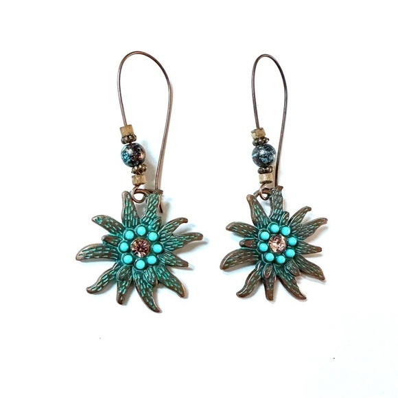 Vintage Style Turquoise & Copper Color Drop Hoop Earrings - Picture 3 of 4
